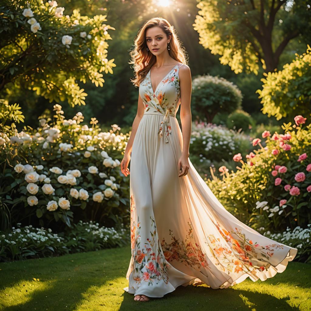 Elegant Woman in Floral Dress in Lush Garden at Golden Hour