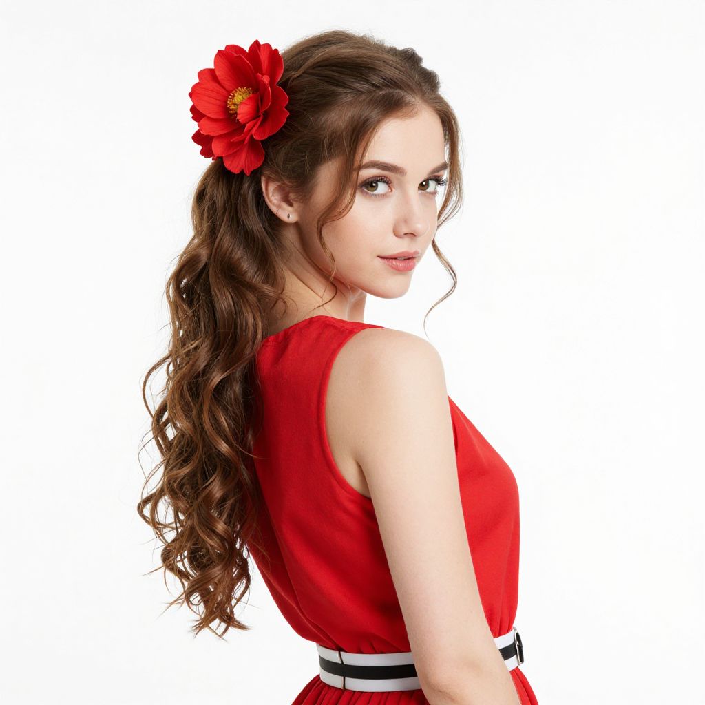 Young Woman in Red Dress with Flower Hair Accessory