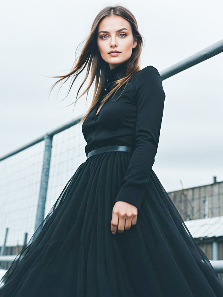 Elegant Woman in Black Dress Against Urban Background