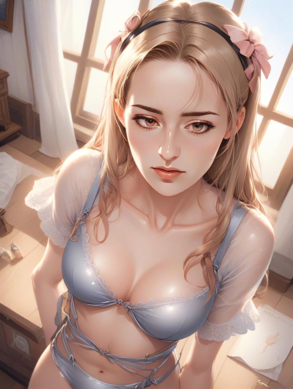 Kawaii Anime Style Blonde Woman in Blue Lingerie Digital Artwork