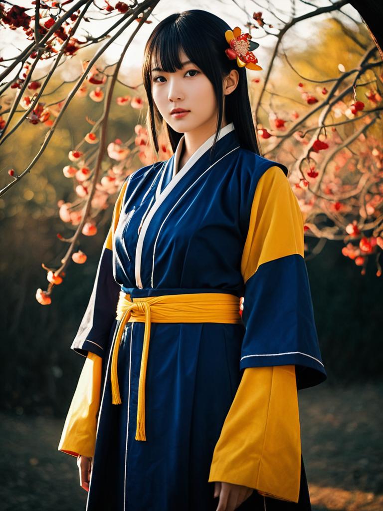 Realistic Cosplay Woman in Traditional Daki Ume Costume Outdoor Portrait