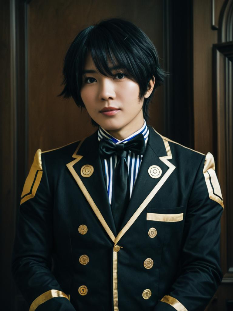 Man in Atsuhiro Sako Mr. Compress Cosplay Costume with Black and Gold Formal Jacket