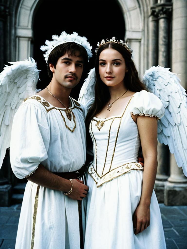 Couple in Romeo and Juliet Angel Costumes Photorealistic Festival Portrait Couple in Romeo and Juliet Angel Costumes Photorealistic Festival Portrait