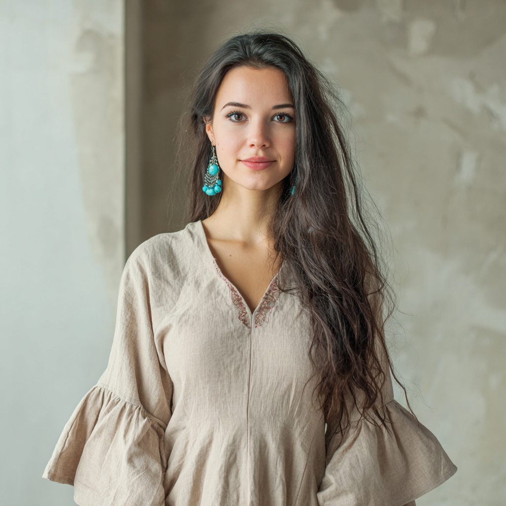 Young Woman in Beige Blouse with Turquoise Earrings Young Woman in Beige Blouse with Turquoise Earrings