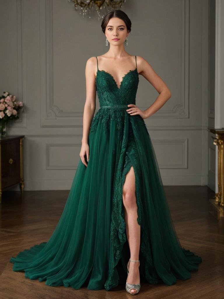 Elegant Woman in Green Gown - Modern Couture Fashion