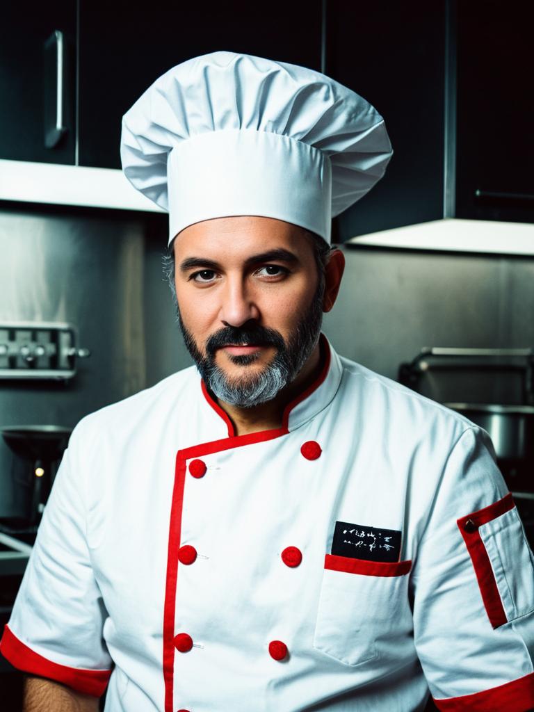 Professional Man in Chef Costume in Kitchen Studio Photo