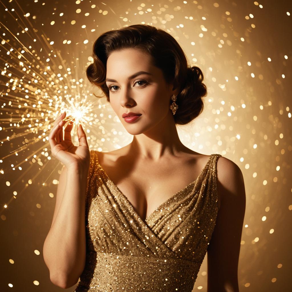 Glamorous Woman in Gold Dress Holding Sparkler with Sparkling Light Effect