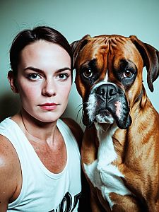 Portrait of Woman with Boxer Dog Close-up