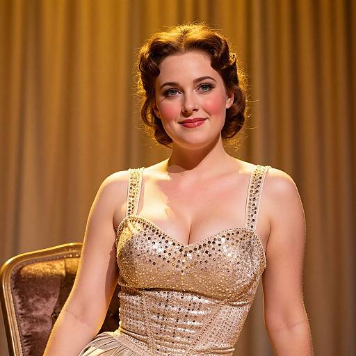 Woman in Vintage Gold Sequin Evening Gown with Classic Hollywood Glamour Style