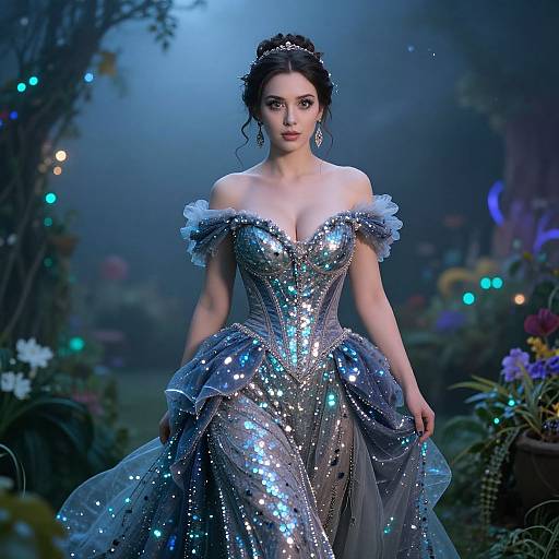 Woman in Shimmering Fantasy Gown in Enchanted Garden