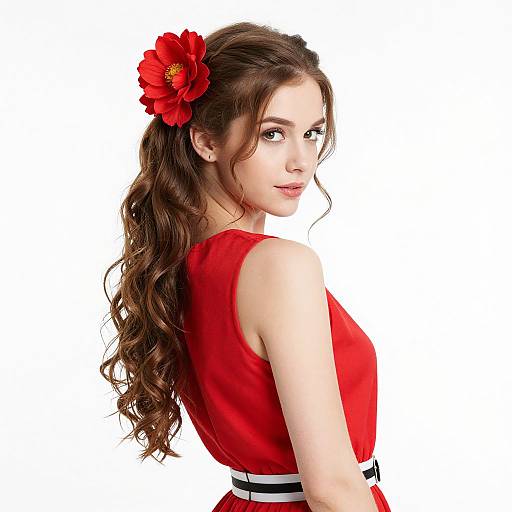 Young Woman in Red Dress with Flower Hair Accessory