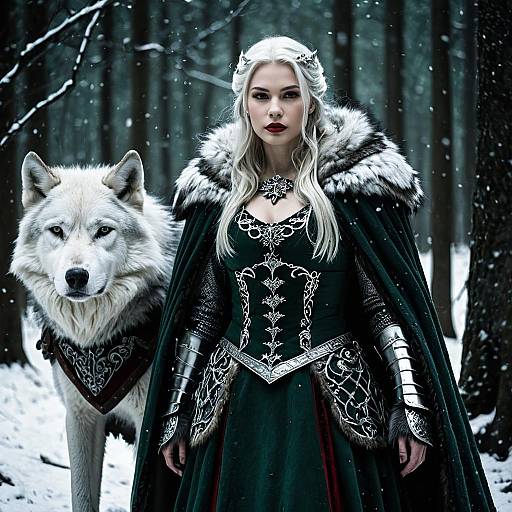 Fantasy Woman in Medieval Gown with White Wolf in Snowy Forest