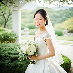 Beautiful Bride in Lace Wedding Gown in Garden