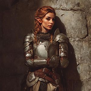 Fantasy Elf Woman Warrior in Medieval Armor Leaning on Stone Wall