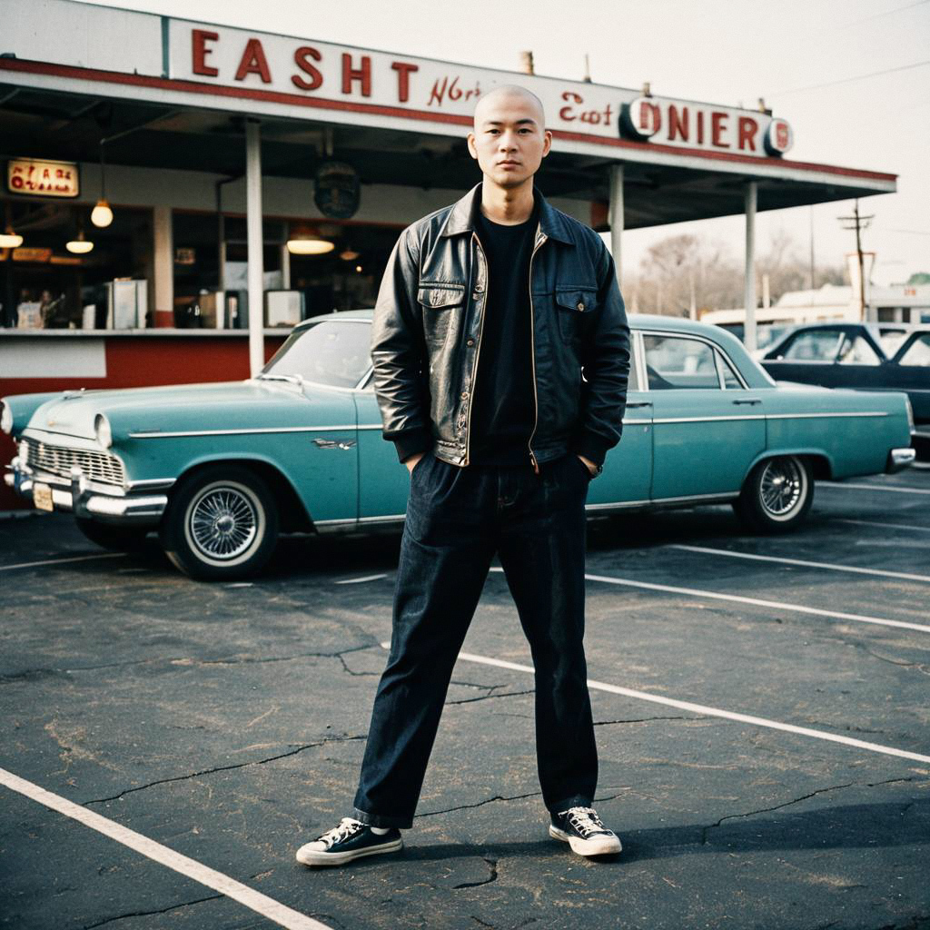 Young Man in Leather Jacket by Vintage Car and Diner