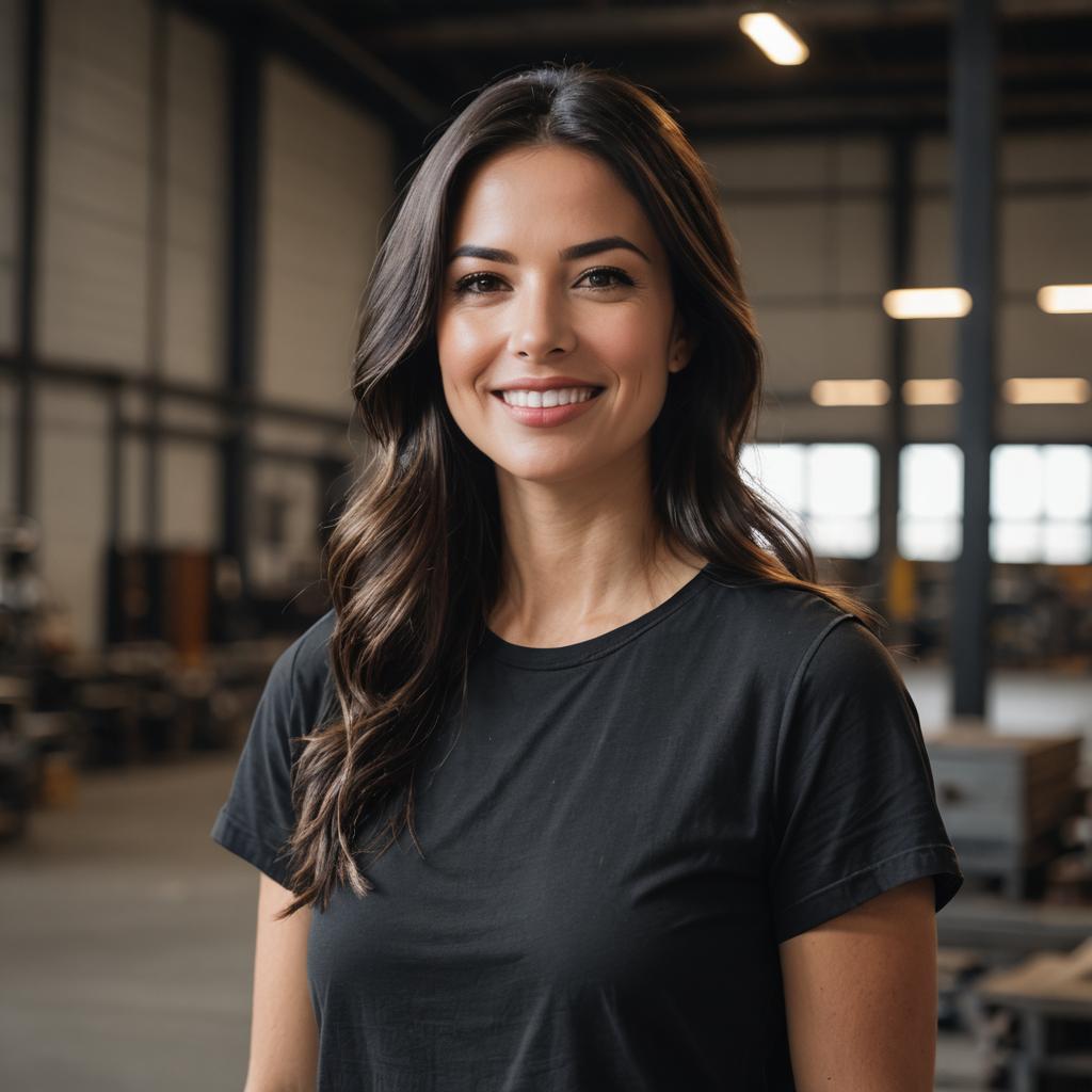 Confident Young Woman Smiling in Industrial Warehouse Setting