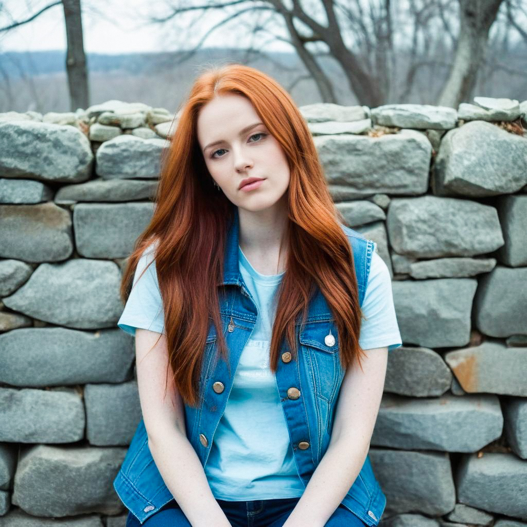 Young Woman with Red Hair in Denim Vest