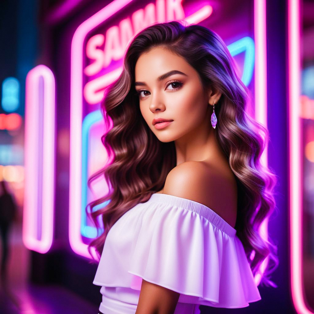 Confident Young Woman in Neon Lights Confident Young Woman in Neon Lights