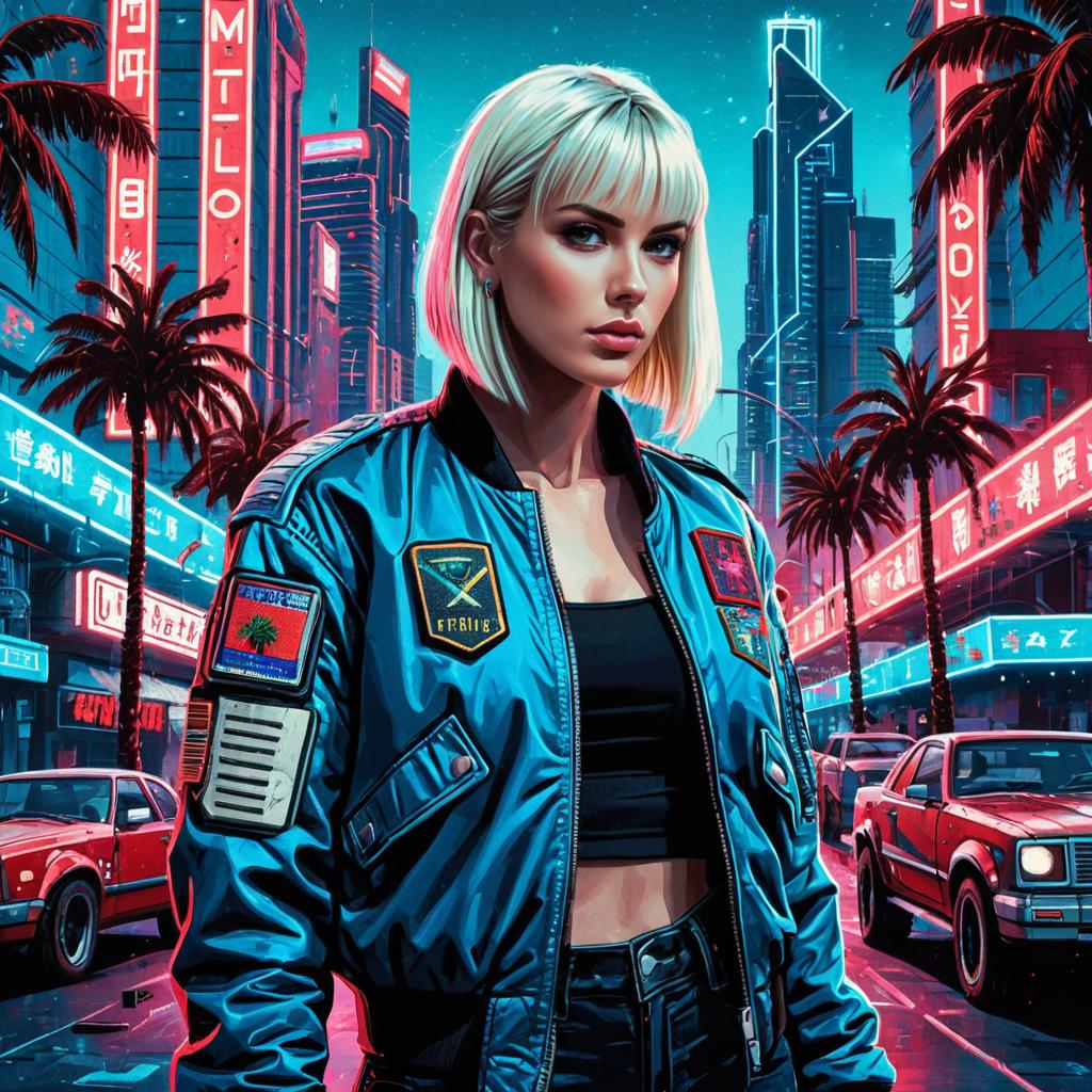 Cyberpunk Woman in Neon Cityscape Wearing Blue Bomber Jacket