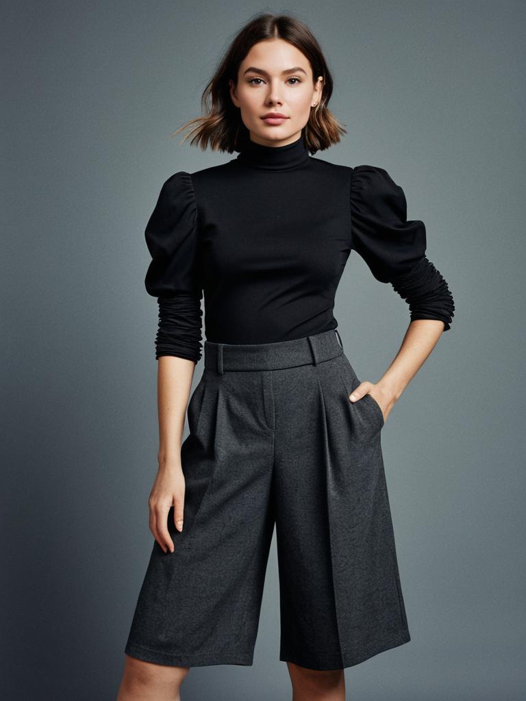 Stylish Woman in Black Turtleneck and Gray Wide-Leg Shorts Fashion Portrait