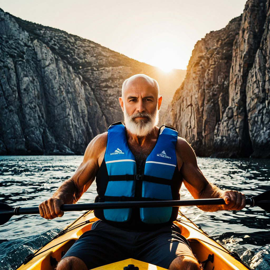 Mature Man Kayaking in Canyon at Sunset Mature Man Kayaking in Canyon at Sunset