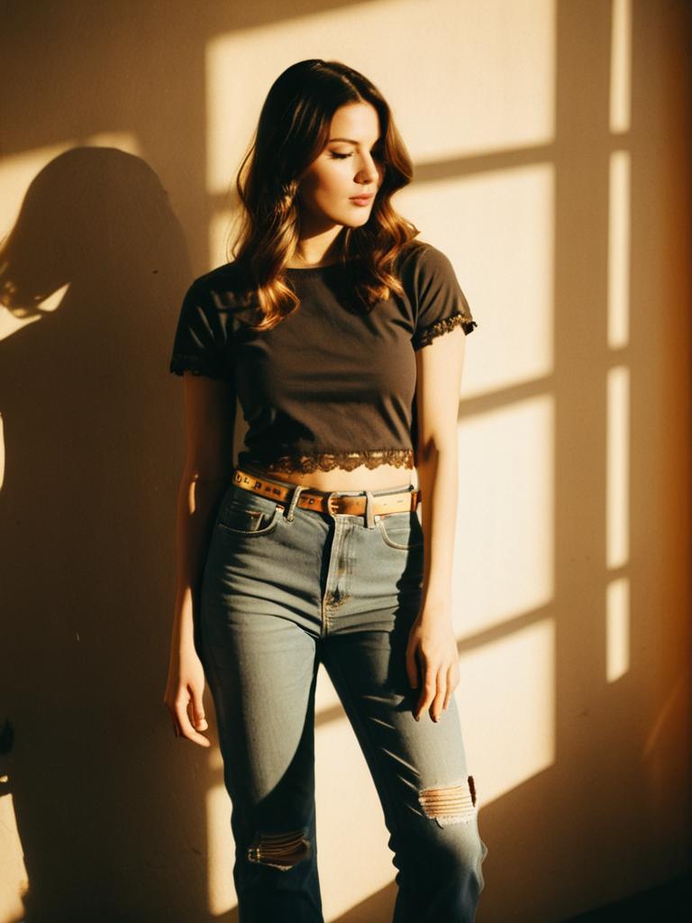 Woman in Black Cropped T-Shirt with Lace Detail and Ripped Jeans Street Style