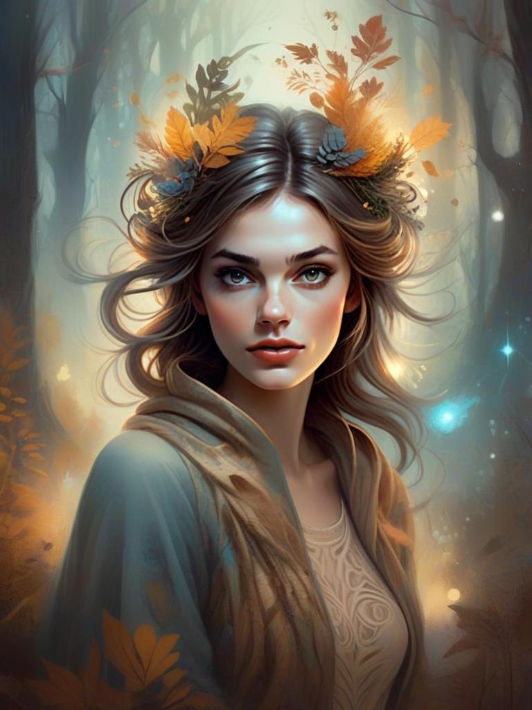 Woman in Mystical Forest with Autumn Leaves
