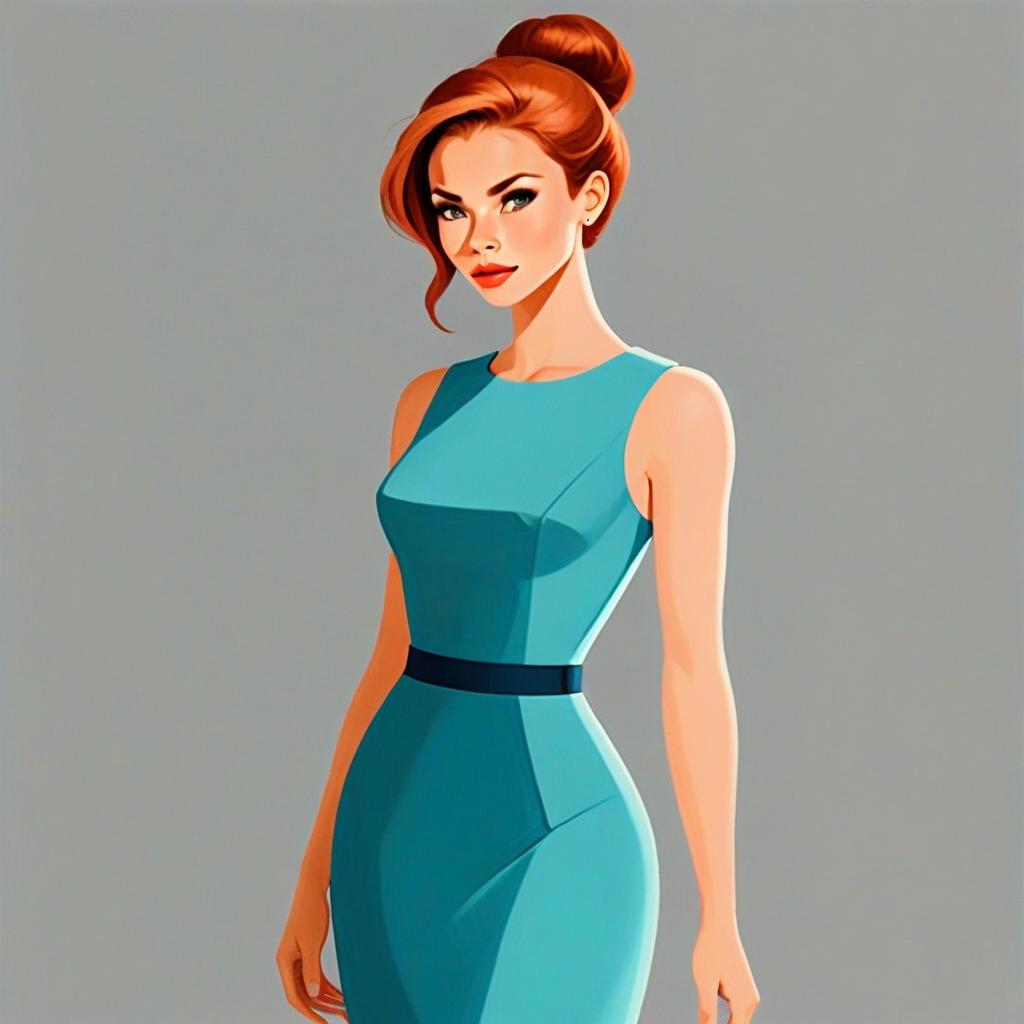 Stylish Woman with Red Hair in Teal Dress Digital Illustration