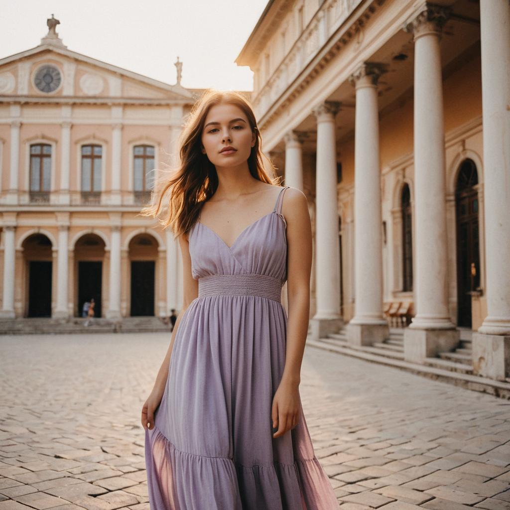 Elegant Woman in Lavender Dress in Historic Classical Plaza