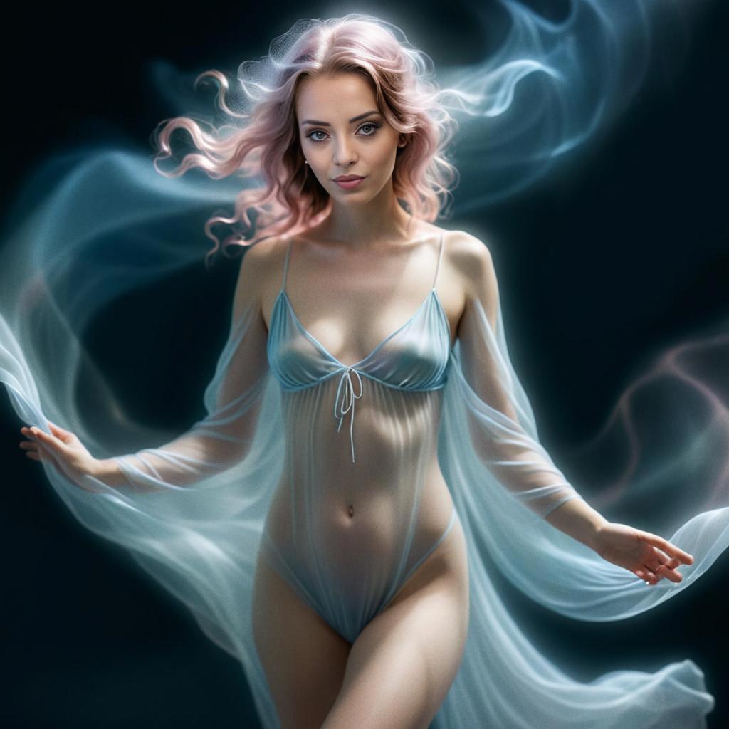 Woman in Ethereal Outfit with Flowing Hair