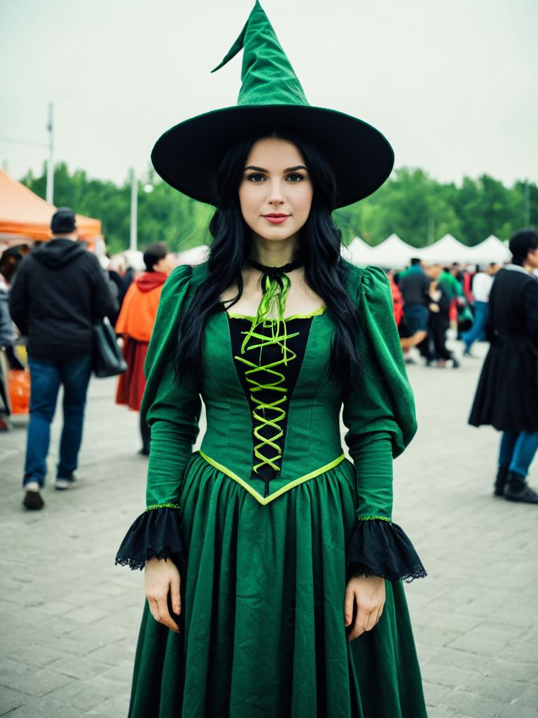 Woman in Green Witch Costume at Cosplay Festival