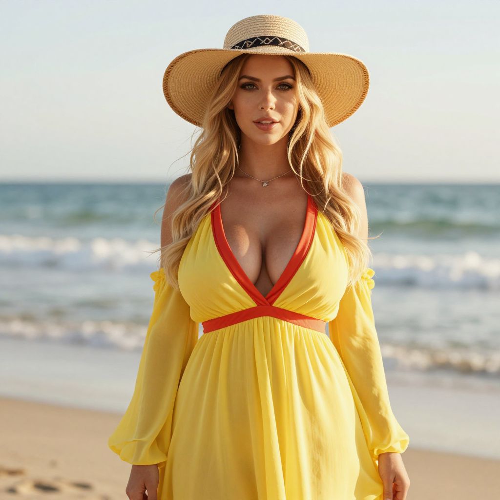 Woman in Yellow Dress and Straw Hat at Beach