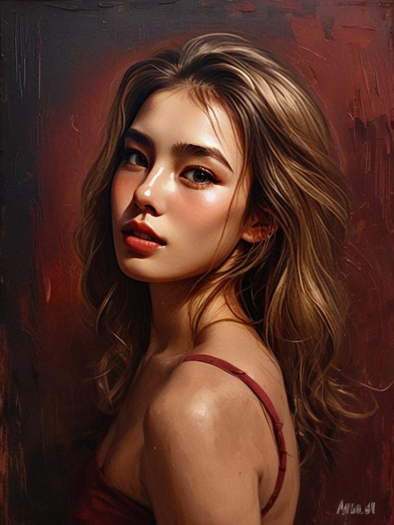 Digital Portrait of Woman with Blonde Hair in Red Dress