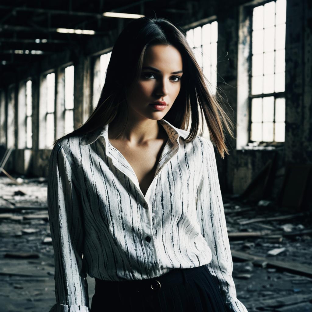 Portrait of Woman in White Striped Blouse in Abandoned Industrial Building