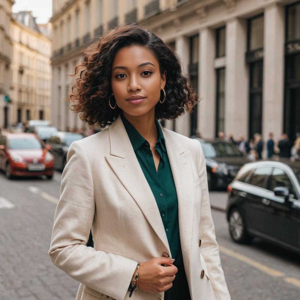 Confident Woman in Chic Beige Blazer and Green Blouse