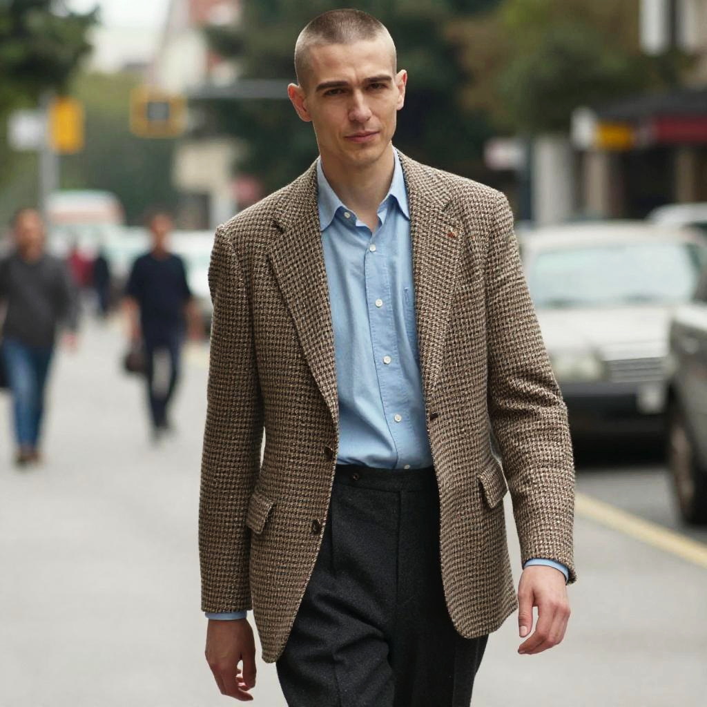 Young Man Wearing Brown Houndstooth Blazer and Blue Shirt Walking on City Street
