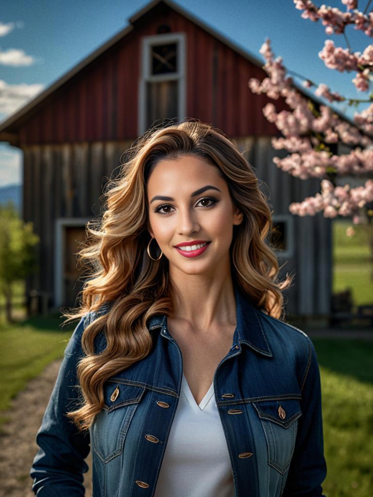 Confident Woman in Denim Jacket by Rustic Barn