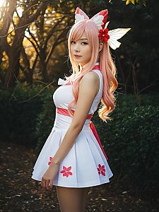 Realistic Shirahoshi Cosplay Woman in White and Red Dress with Pink Hair