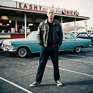 Young Man in Leather Jacket by Vintage Car and Diner