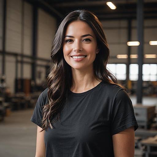 Confident Young Woman Smiling in Industrial Warehouse Setting