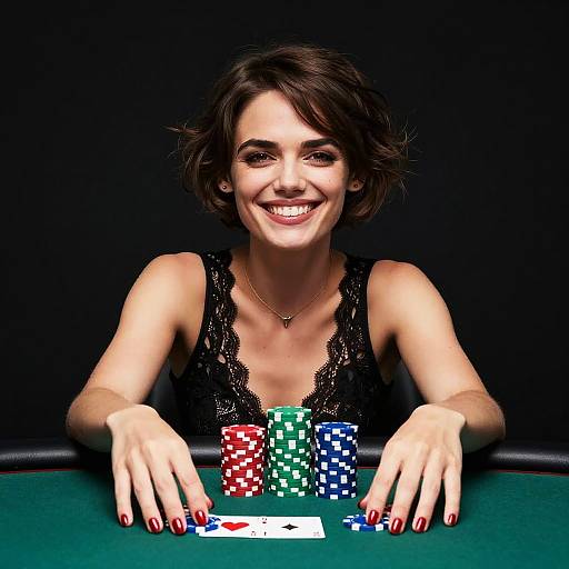 Confident Woman Playing Poker with Chips at Casino Table
