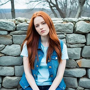 Young Woman with Red Hair in Denim Vest