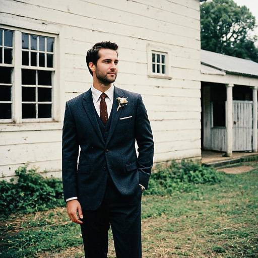 Country Groom Wedding Attire Man in Suit Standing Outdoors