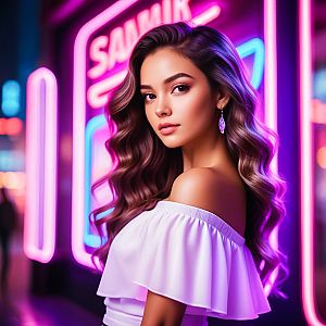 Confident Young Woman in Neon Lights
