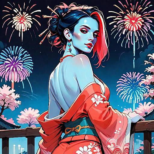 Anime Woman in Red Kimono with Fireworks and Cherry Blossoms