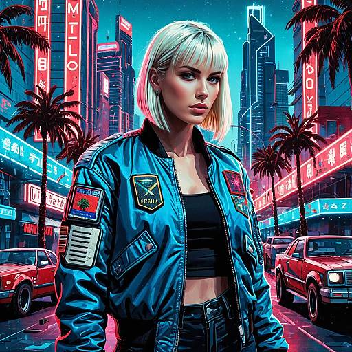 Cyberpunk Woman in Neon Cityscape Wearing Blue Bomber Jacket
