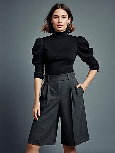 Stylish Woman in Black Turtleneck and Gray Wide-Leg Shorts Fashion Portrait