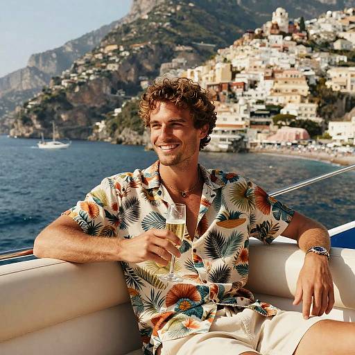 Young Man Relaxing on Boat with Champagne in Coastal Summer Setting