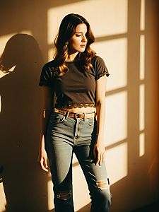 Woman in Black Cropped T-Shirt with Lace Detail and Ripped Jeans Street Style