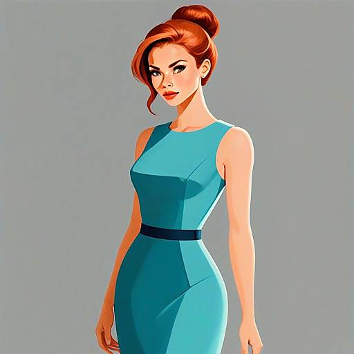 Stylish Woman with Red Hair in Teal Dress Digital Illustration